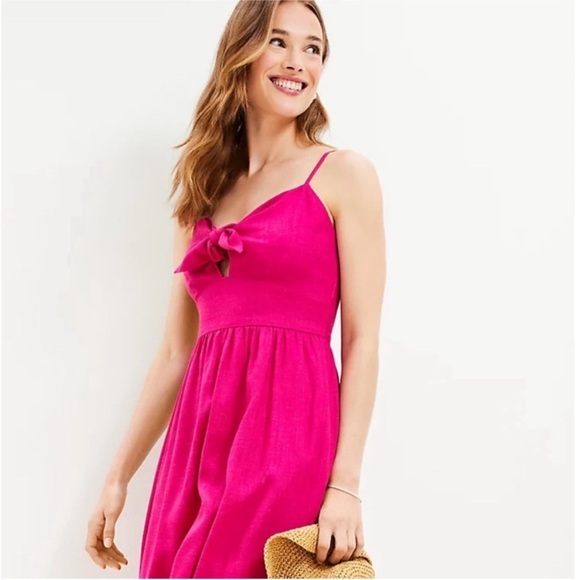 NWT LOFT Beach Tie Front Bow Strappy Linen Blend Midi Dress Hot Pink vacation - Picture 2 of 11